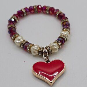 Red White Gold Tone Bead Bracelet Heart Charm Stretchy Elastic Fashion